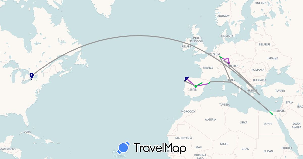 TravelMap itinerary: driving, bus, plane, train in Canada, Germany, Egypt, Spain, United Kingdom, Greece, Ireland, Italy, United States (Africa, Europe, North America)