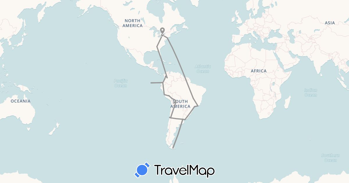 TravelMap itinerary: driving, plane in Argentina, Bolivia, Brazil, Chile, Colombia, Ecuador, Peru, United States, Uruguay (North America, South America)