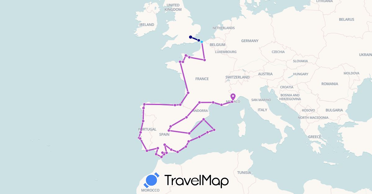 TravelMap itinerary: driving, train, boat in Spain, France, United Kingdom, Gibraltar, Monaco, Portugal (Europe)